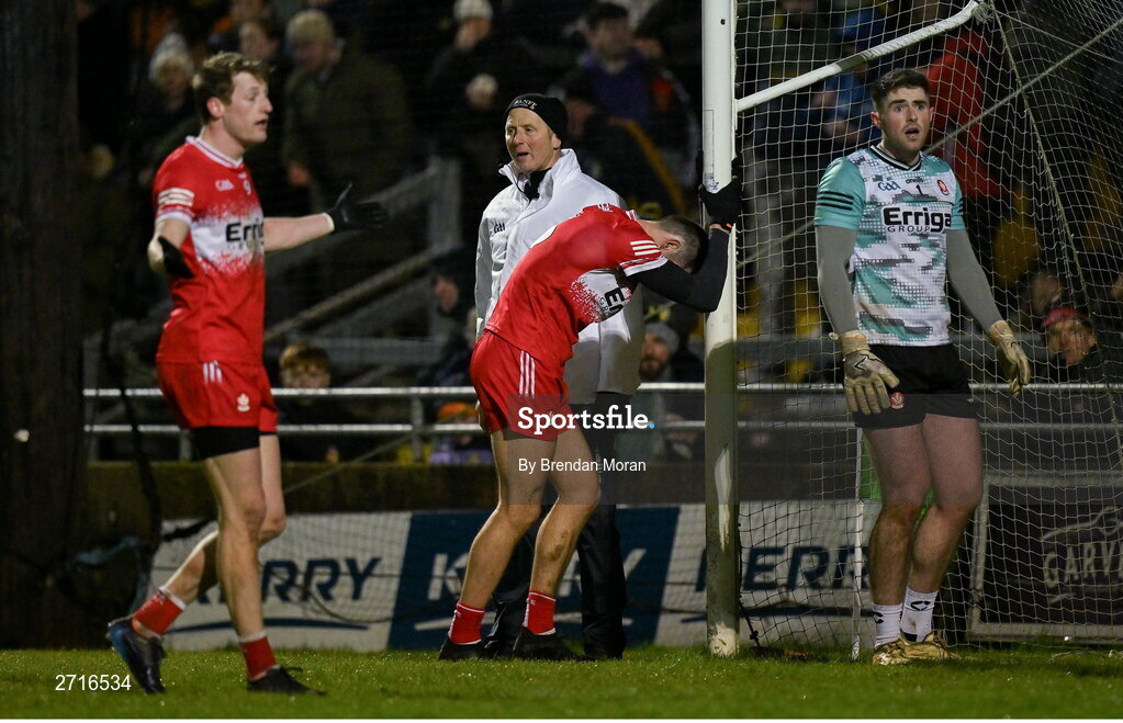 27 January 2024; Christopher McKaigue of Derry reacts after a 45' was awarded to Kerry during the Allianz Football League Division 1 match between Kerry and Derry at Austin Stack Park in Tralee, Kerry. Photo by Brendan Moran/Sportsfile