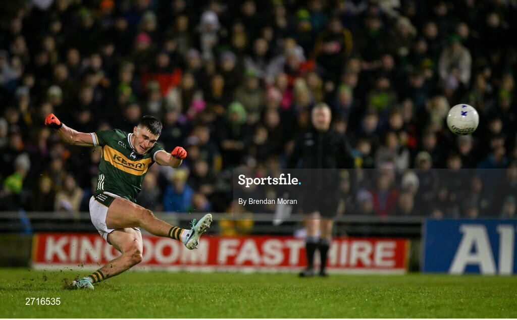 27 January 2024; Sean O'Shea of Kerry slips as he takes a free in the final minutes of the Allianz Football League Division 1 match between Kerry and Derry at Austin Stack Park in Tralee, Kerry. Photo by Brendan Moran/Sportsfile