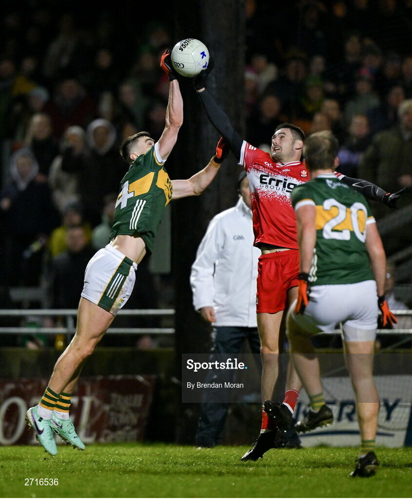 27 January 2024; Christopher McKaigue of Derry blocks a goalbound effort from Sean O'Shea of Kerry during the Allianz Football League Division 1 match between Kerry and Derry at Austin Stack Park in Tralee, Kerry. Photo by Brendan Moran/Sportsfile