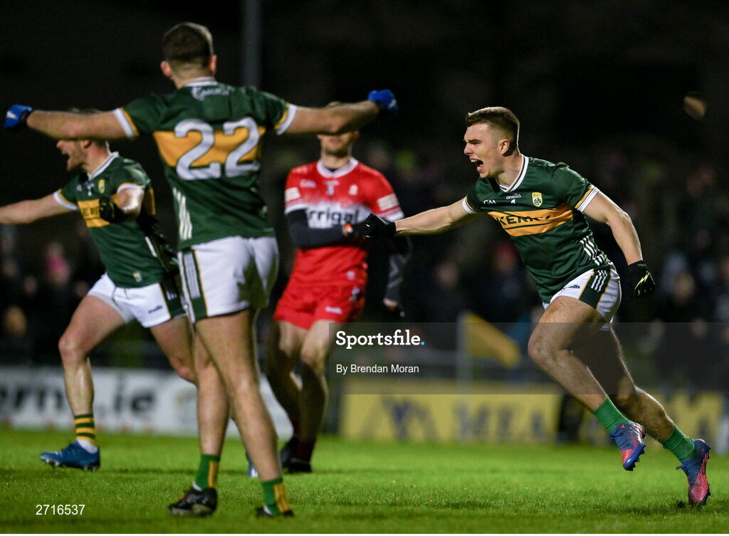 27 January 2024; Dylan Casey of Kerry celebrates after scoring his side's second goal during the Allianz Football League Division 1 match between Kerry and Derry at Austin Stack Park in Tralee, Kerry. Photo by Brendan Moran/Sportsfile