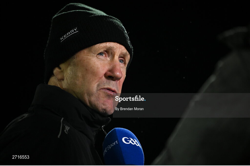 27 January 2024; Kerry manager Jack O'Connor is interviewed by RTÉ after the Allianz Football League Division 1 match between Kerry and Derry at Austin Stack Park in Tralee, Kerry. Photo by Brendan Moran/Sportsfile