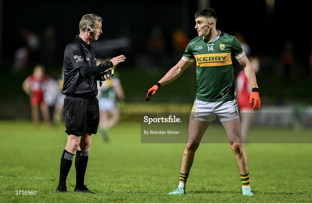 27 January 2024; Referee Joe McQuillan speaks to Sean O'Shea of Kerry during the Allianz Football League Division 1 match between Kerry and Derry at Austin Stack Park in Tralee, Kerry. Photo by Brendan Moran/Sportsfile
