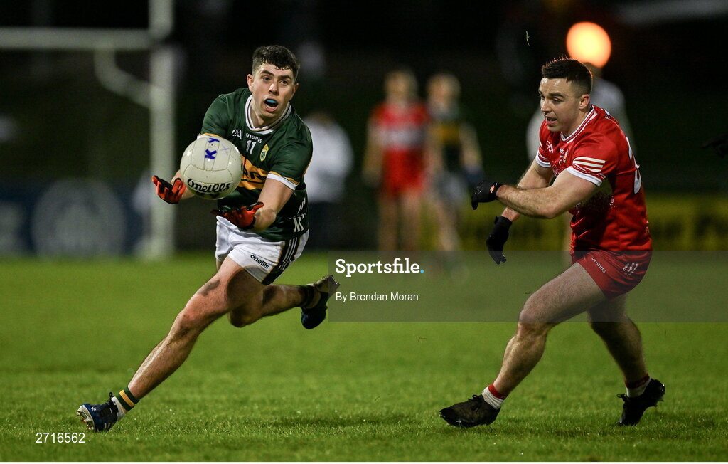 27 January 2024; Dylan Geaney of Kerry in action against Niall O'Donnell of Derry during the Allianz Football League Division 1 match between Kerry and Derry at Austin Stack Park in Tralee, Kerry. Photo by Brendan Moran/Sportsfile