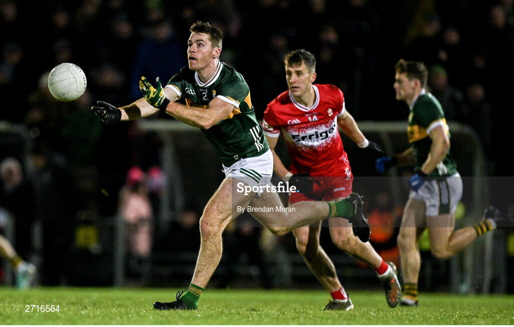 27 January 2024; Barry Dan O'Sullivan of Kerry in action against Shane McGuigan of Derry during the Allianz Football League Division 1 match between Kerry and Derry at Austin Stack Park in Tralee, Kerry. Photo by Brendan Moran/Sportsfile