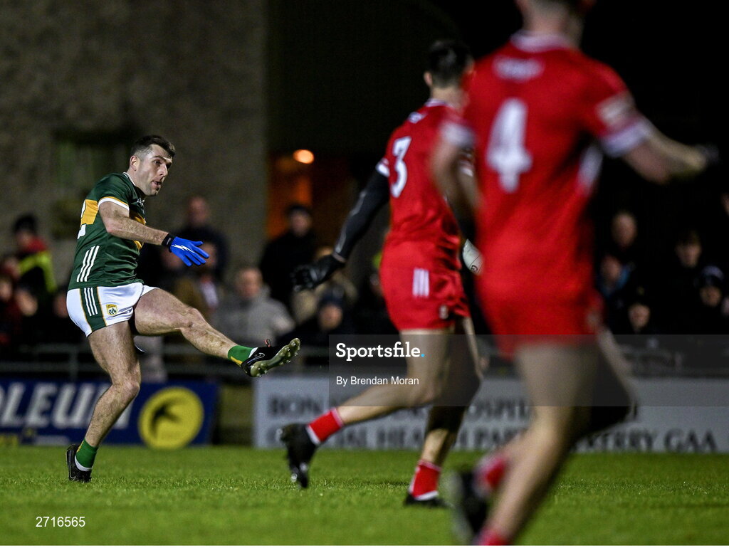27 January 2024; Conor Geaney of Kerry scores his side's first goal during the Allianz Football League Division 1 match between Kerry and Derry at Austin Stack Park in Tralee, Kerry. Photo by Brendan Moran/Sportsfile