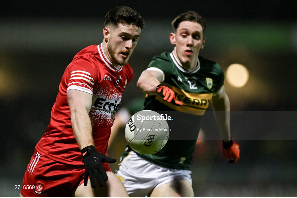 27 January 2024; Padraig McGrogan of Derry in action against Cillian Burke of Kerry during the Allianz Football League Division 1 match between Kerry and Derry at Austin Stack Park in Tralee, Kerry. Photo by Brendan Moran/Sportsfile