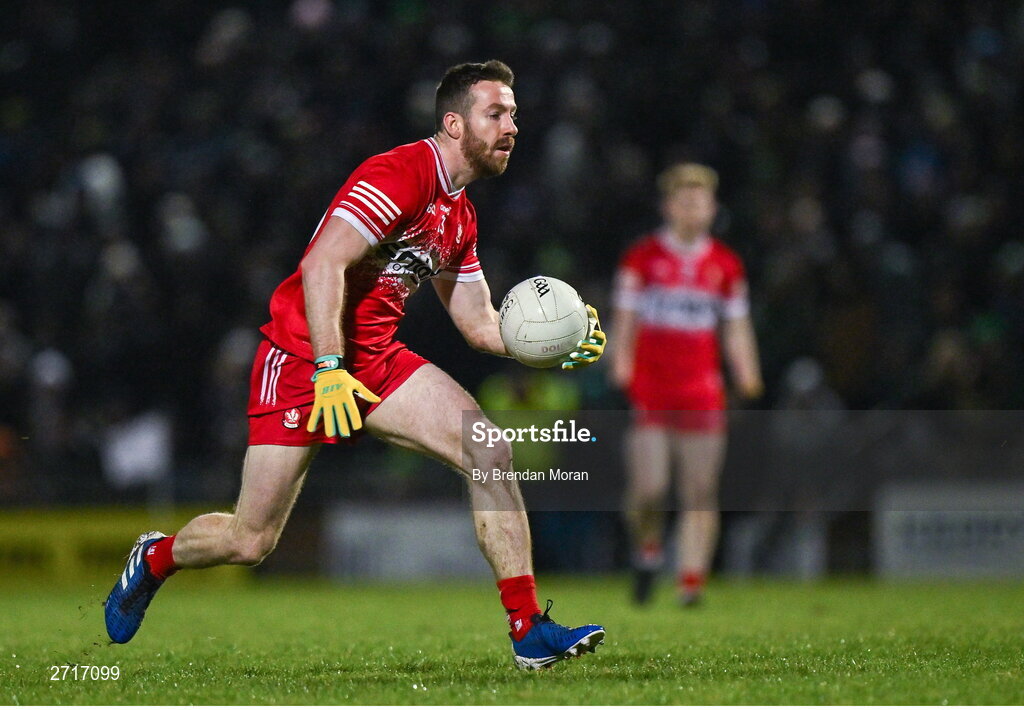 27 January 2024; Niall Loughlin of Derry during the Allianz Football League Division 1 match between Kerry and Derry at Austin Stack Park in Tralee, Kerry. Photo by Brendan Moran/Sportsfile