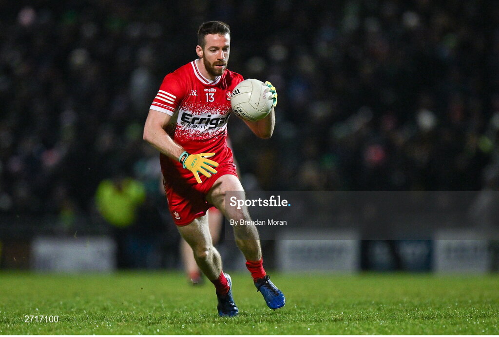 27 January 2024; Niall Loughlin of Derry during the Allianz Football League Division 1 match between Kerry and Derry at Austin Stack Park in Tralee, Kerry. Photo by Brendan Moran/Sportsfile