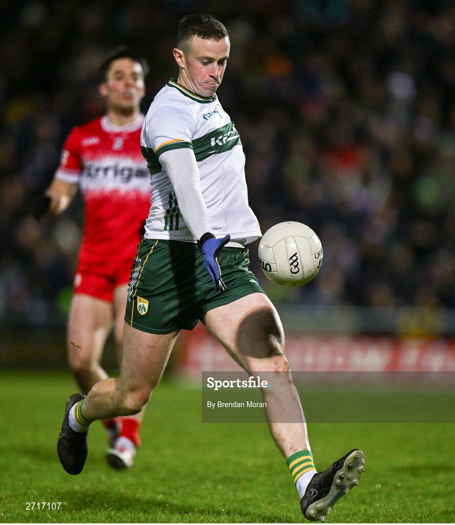 27 January 2024; Kerry goalkeeper Shane Ryan attempts to kick a point late during injury time in the Allianz Football League Division 1 match between Kerry and Derry at Austin Stack Park in Tralee, Kerry. Photo by Brendan Moran/Sportsfile