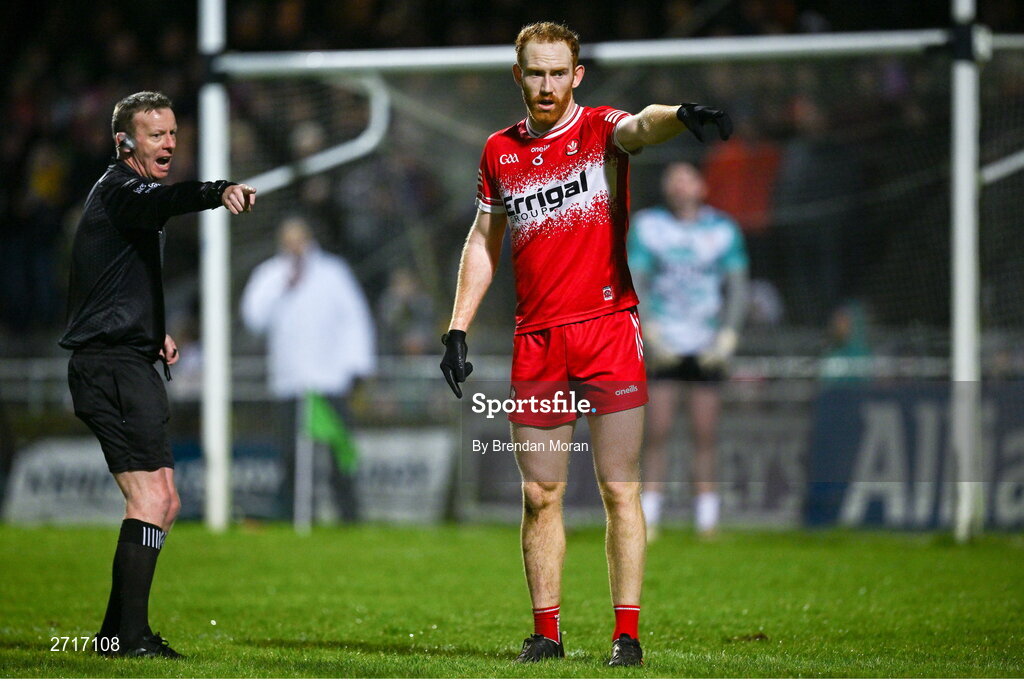 27 January 2024; Conor Glass of Derry indicates to referee Joe McQuillan where a free kick should be taken from during the Allianz Football League Division 1 match between Kerry and Derry at Austin Stack Park in Tralee, Kerry. Photo by Brendan Moran/Sportsfile