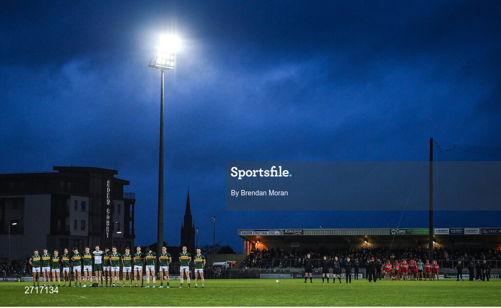 27 January 2024; The Kerry and Derry teams stand for Amhrán na bhFiann before the Allianz Football League Division 1 match between Kerry and Derry at Austin Stack Park in Tralee, Kerry. Photo by Brendan Moran/Sportsfile