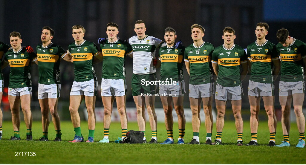 27 January 2024; Kerry players, from left, Dara Moynihan, Brian Ó Beaglaíoch, Dylan Casey, Sean O'Shea, Shane Ryan, Graham O'Sullivan, Killian Spillane, Gavin White, Sean O'Brien and Cillian Burke before the Allianz Football League Division 1 match between Kerry and Derry at Austin Stack Park in Tralee, Kerry. Photo by Brendan Moran/Sportsfile