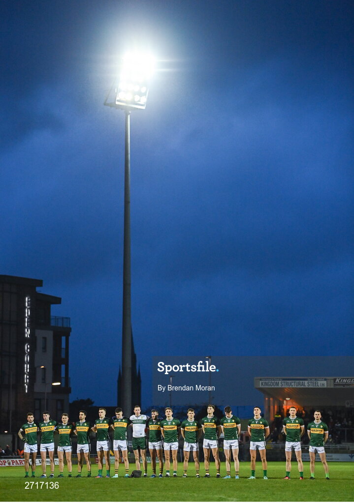 27 January 2024; The Kerry team stand for Amhrán na bhFiann before the Allianz Football League Division 1 match between Kerry and Derry at Austin Stack Park in Tralee, Kerry. Photo by Brendan Moran/Sportsfile