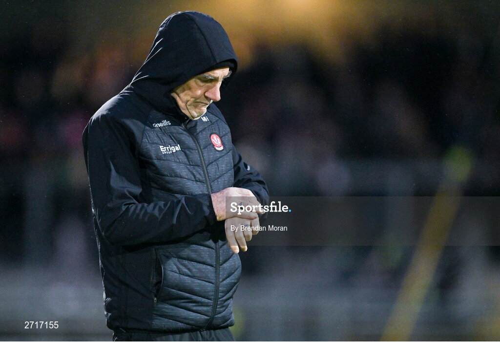 27 January 2024; Derry manager Mickey Harte before the Allianz Football League Division 1 match between Kerry and Derry at Austin Stack Park in Tralee, Kerry. Photo by Brendan Moran/Sportsfile