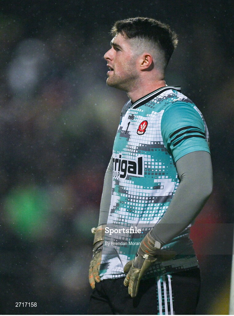 27 January 2024; Derry goalkeeper Odhran Lynch during the Allianz Football League Division 1 match between Kerry and Derry at Austin Stack Park in Tralee, Kerry. Photo by Brendan Moran/Sportsfile