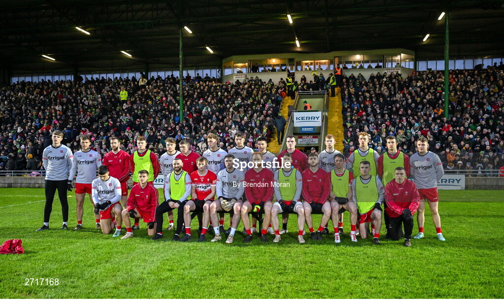 27 January 2024; The Derry team before the Allianz Football League Division 1 match between Kerry and Derry at Austin Stack Park in Tralee, Kerry. Photo by Brendan Moran/Sportsfile
