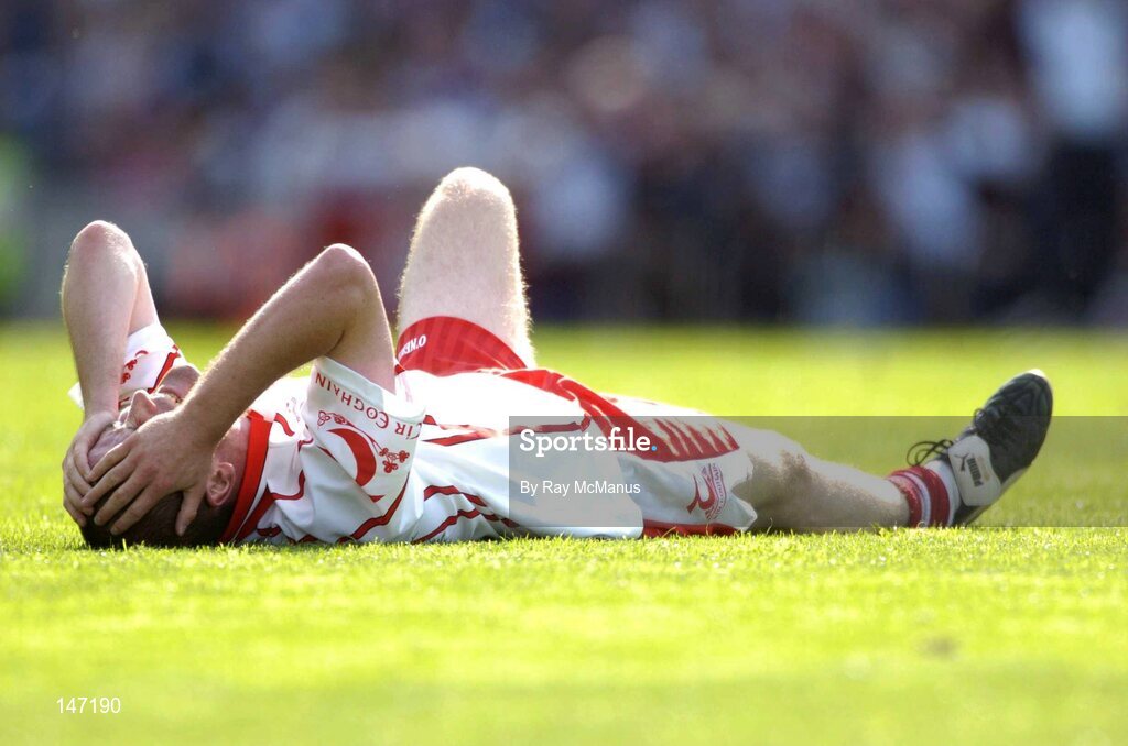 17 July 2004; Stephen O'Neill, Tyrone, shows his disappointment at missing a late score. Bank of Ireland Senior Football Championship Qualifier, Round 3, Tyrone v Galway, Croke Park, Dublin. Picture credit; Ray McManus / SPORTSFILE
