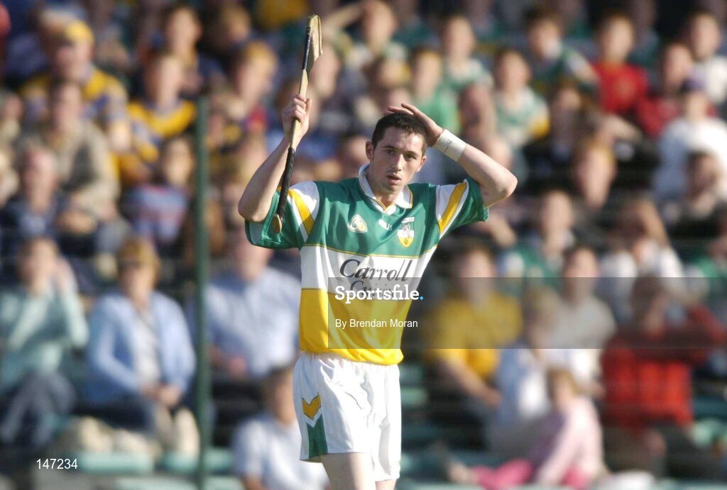 17 July 2004; Michael Cordial, Offaly, watches his shot being saved by Clare goalkeeper David Fitzgerald. Guinness Senior Hurling Championship Qualifier, Round 3, Clare v Offaly, Gaelic Grounds, Limerick. Picture credit; Brendan Moran / SPORTSFILE