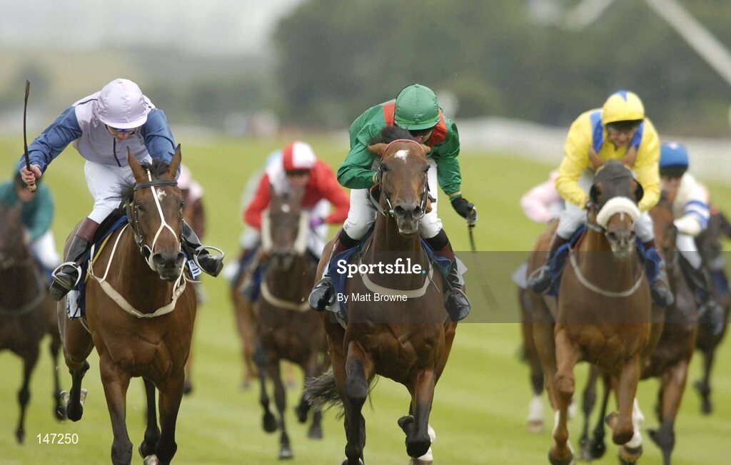18 July 2004; Balyan, with Pauline Ryan up, center, on their way to winning the Thalgo Ladies Derby Handicap from second place Moy Joy, left, with Nina Carberry, and third place Saintly Rachel, right, with Luisa Williams. Curragh Racecourse, Co. Kildare. Picture credit; Matt Browne / SPORTSFILE