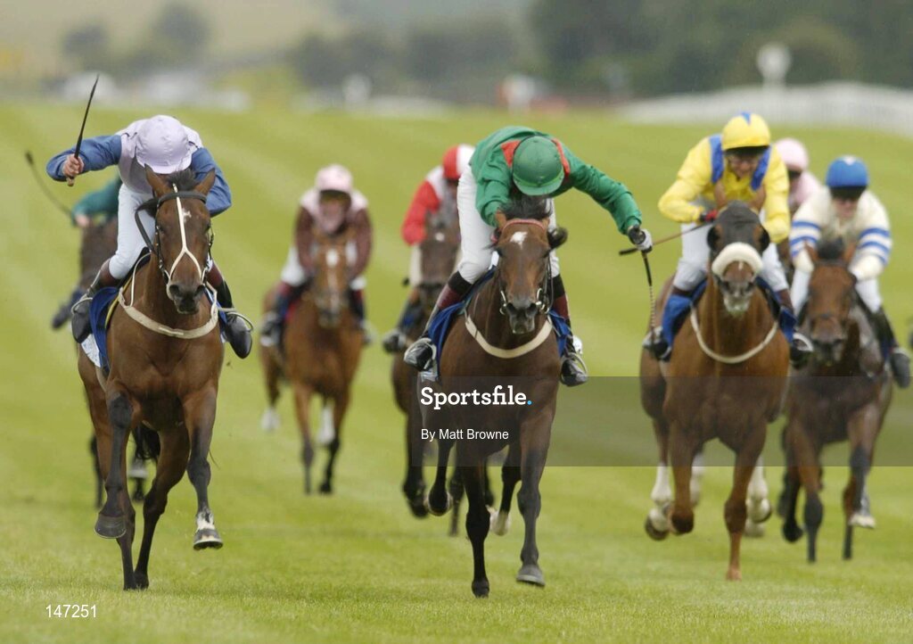18 July 2004; Balyan, with Pauline Ryan up, center, on their way to winning the Thalgo Ladies Derby Handicap from second place Moy Joy, left, with Nina Carberry, and third place Saintly Rachel, right, with Luisa Williams. Curragh Racecourse, Co. Kildare. Picture credit; Matt Browne / SPORTSFILE