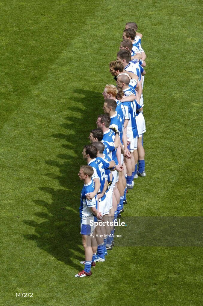 18 July 2004; The Laois team stand for the National Anthem. Bank of Ireland Leinster Senior Football Championship Final, Laois v Westmeath, Croke Park, Dublin. Picture credit; Ray McManus / SPORTSFILE