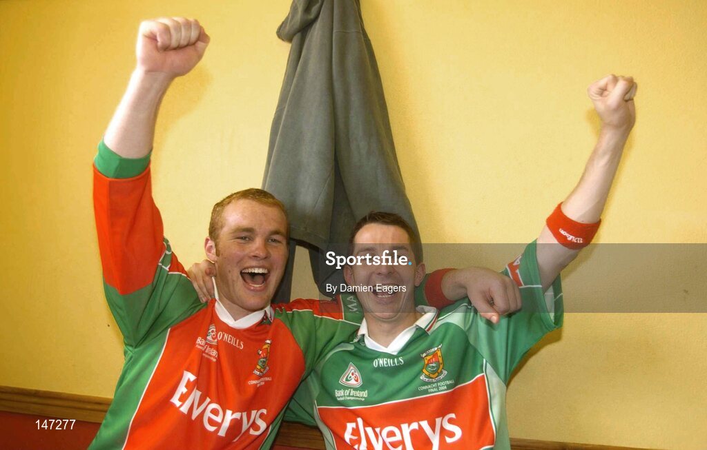 18 July 2004; Mayo goalkeeper Fintan Ruddy, left, and Peadar Gardiner celebrate in the dressing room after victory over Roscommon. Bank of Ireland Connacht Senior Football Championship Final, Mayo v Roscommon, McHale Park, Castlebar, Co. Mayo. Picture credit; Damien Eagers / SPORTSFILE
