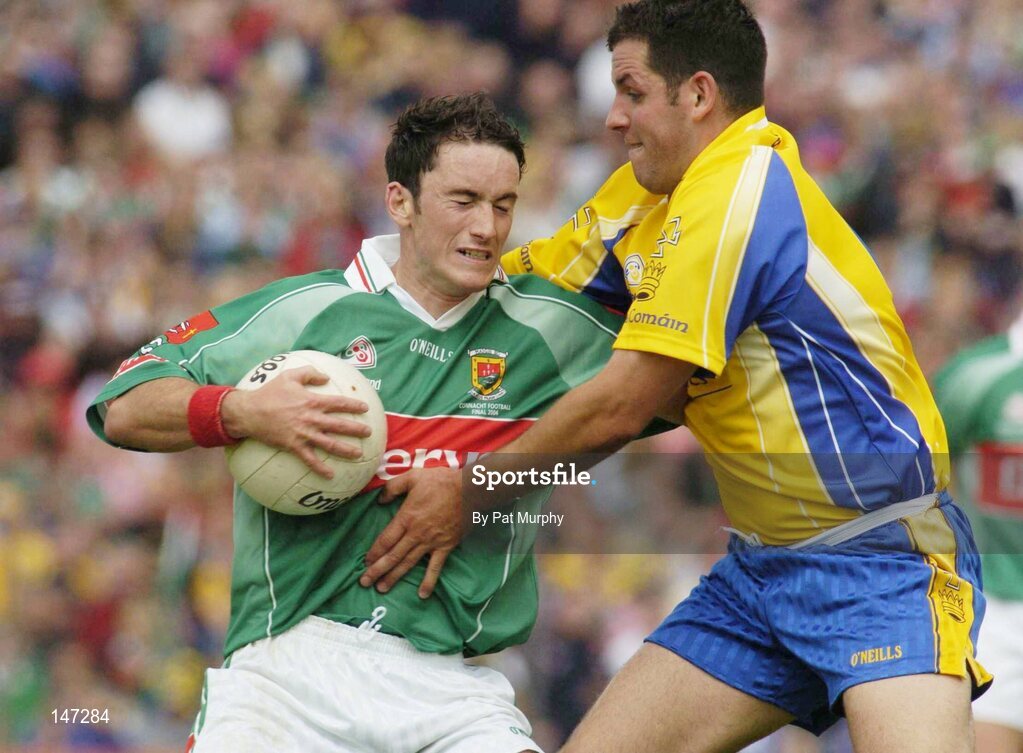 18 July 2004; Conor Moran, Mayo, in action against Francie Grehan, Roscommon. Bank of Ireland Connacht Senior Football Championship Final, Mayo v Roscommon, McHale Park, Castlebar, Co. Mayo. Picture credit; Pat Murphy / SPORTSFILE