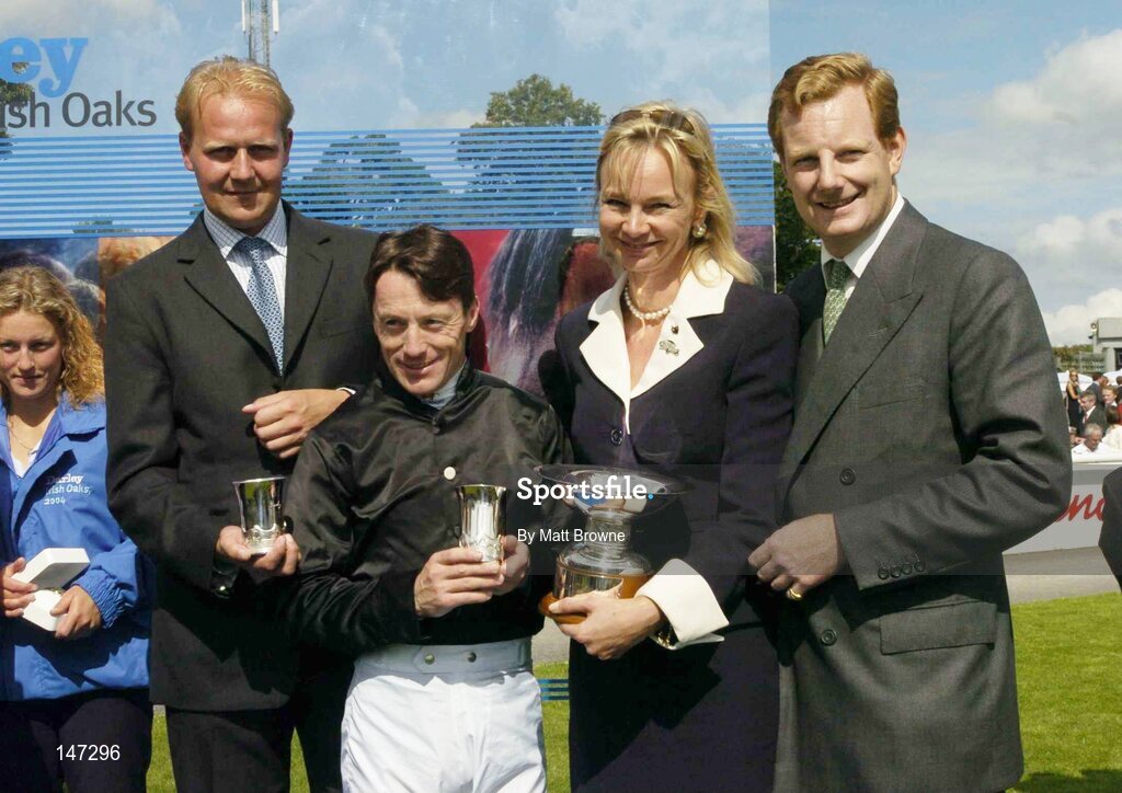 18 July 2004; Winning connections of the Darley Irish Oaks are, from left, Ed Dunlop, trainer, Kieran Fallon, Jockey and owners Lord and Lady Derby. Curragh Racecourse, Co. Kildare. Picture credit; Matt Browne / SPORTSFILE