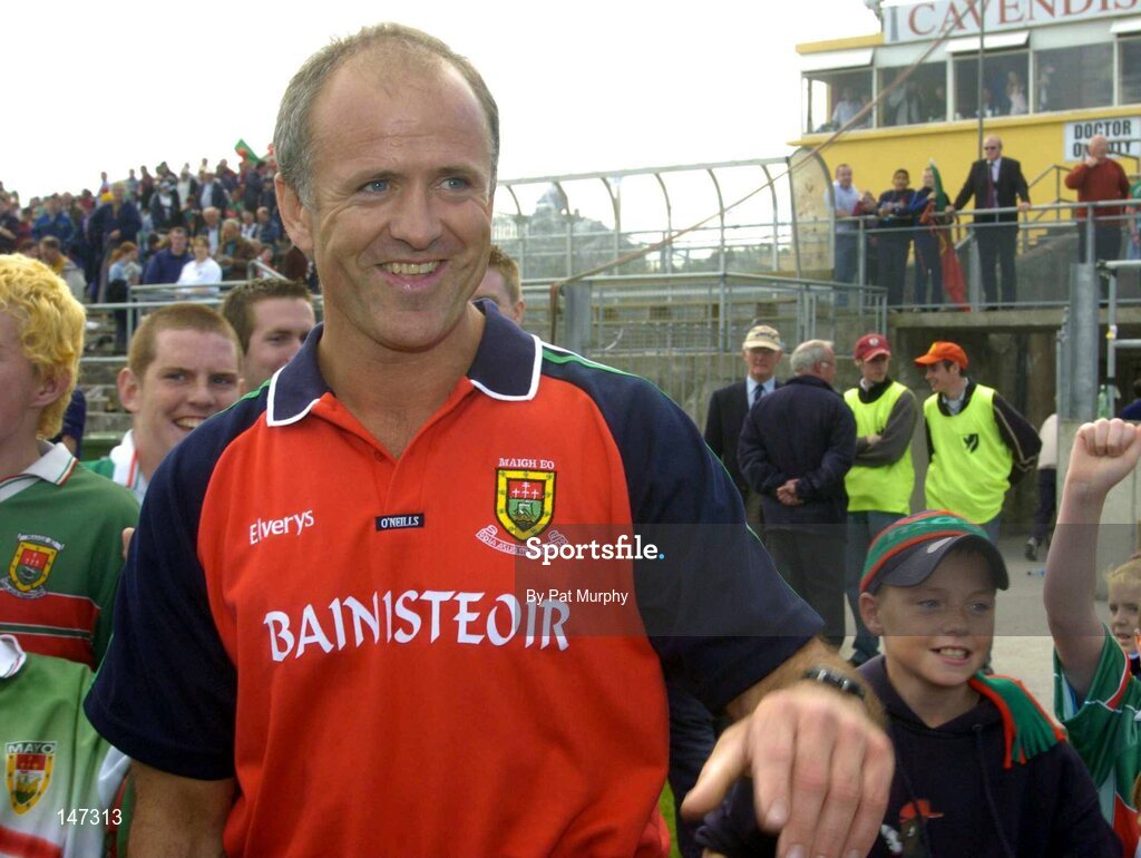 18 July 2004; Mayo manager John Maughan celebrates at the final whistle after victory over Roscommon. Bank of Ireland Connacht Senior Football Championship Final, Mayo v Roscommon, McHale Park, Castlebar, Co. Mayo. Picture credit; Pat Murphy / SPORTSFILE