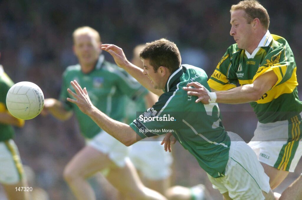 18 July 2004; Conor Mullane, Limerick, in action against Tommy Griffin, Kerry. Bank of Ireland Munster Senior Football Championship Final Replay, Kerry v Limerick, Fitzgerald Stadium, Killarney, Co. Kerry. Picture credit; Brendan Moran / SPORTSFILE