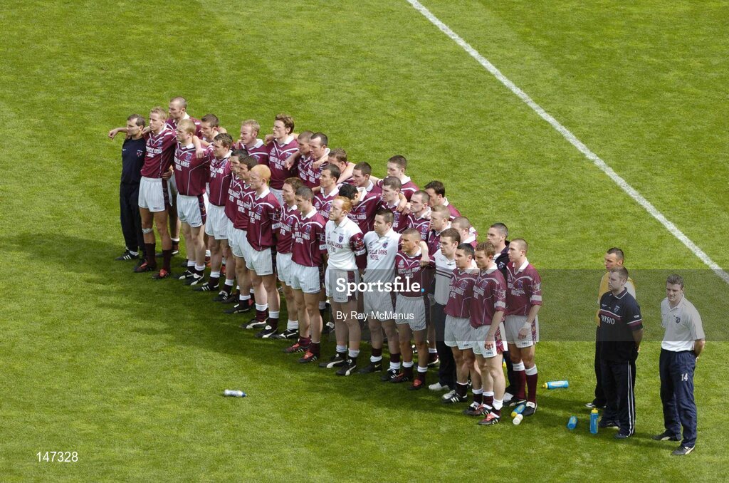 18 July 2004; The Westmeath team and panel stand for the National Anthem. Bank of Ireland Leinster Senior Football Championship Final, Laois v Westmeath, Croke Park, Dublin. Picture credit; Ray McManus / SPORTSFILE