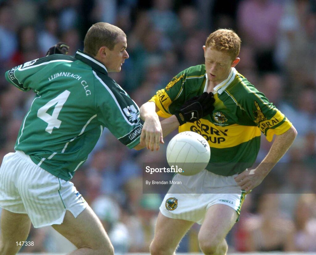 18 July 2004; Colm Cooper, Kerry, in action against Tommy Stack, Limerick. Bank of Ireland Munster Senior Football Championship Final Replay, Kerry v Limerick, Fitzgerald Stadium, Killarney, Co. Kerry. Picture credit; Brendan Moran / SPORTSFILE