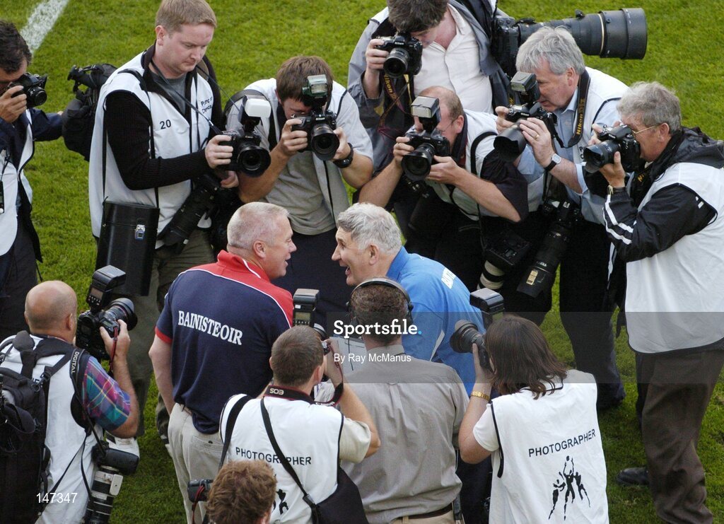 18 July 2004; Laois manager Mick O'Dwyer and Westmeath manager Paidi O Se shake hands at the end of the game. Bank of Ireland Leinster Senior Football Championship Final, Laois v Westmeath, Croke Park, Dublin. Picture credit; Ray McManus / SPORTSFILE