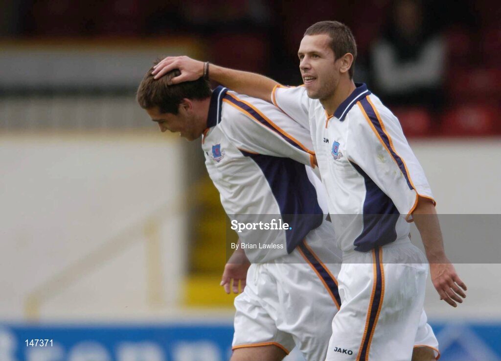 18 July 2004; John Lestor, Drogheda United, is congratulated by team-mate Declan O'Brien after scoring his sides first goal. eircom league, Premier Division, Shelbourne v Drogheda United, Tolka Park, Dublin. Picture credit; Brian Lawless / SPORTSFILE