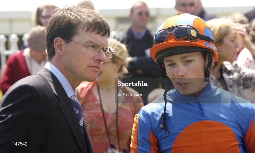 26 June 2004; Aidan O'Brien, Trainer, and Jamie Spencer, Jockey pictured after winning the Netjets (2yo) Maiden with Rowan Tree. Curragh Racecourse, Co. Kildare. Picture credit; Matt Browne / SPORTSFILE