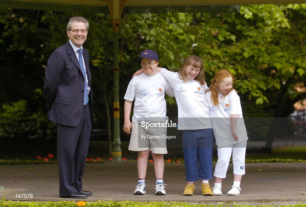20 July 2004; Dr Phil Nolan, CEO of eircom, with Special Olympics Ireland athletes, from left, Philip Walsh, aged 11, from Malahide, Holly Matthews, aged 11, from Glasnevin, and Helena Roche, aged 9, from Raheny, all from Bayside Gym Club, at a photocall to celebrate eircom's 19 year support of the programme and announce details of eircom's continuing premier sponsorship of Special Olympics Ireland. Dublin. Picture credit; Damien Eagers / SPORTSFILE