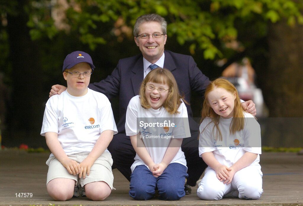 20 July 2004; Dr Phil Nolan, CEO of eircom, with Special Olympics Ireland athletes from left Philip Walsh, aged 11, from Malahide, Holly Matthews, aged 11, from Glasnevin, and Helena Roche, aged 9, from Raheny, all from Bayside Gym Club, at a photocall to celebrate eircom's 19 year support of the programme and announce details of eircom's continuing premier sponsorship of Special Olympics Ireland. Dublin. Picture credit; Damien Eagers / SPORTSFILE