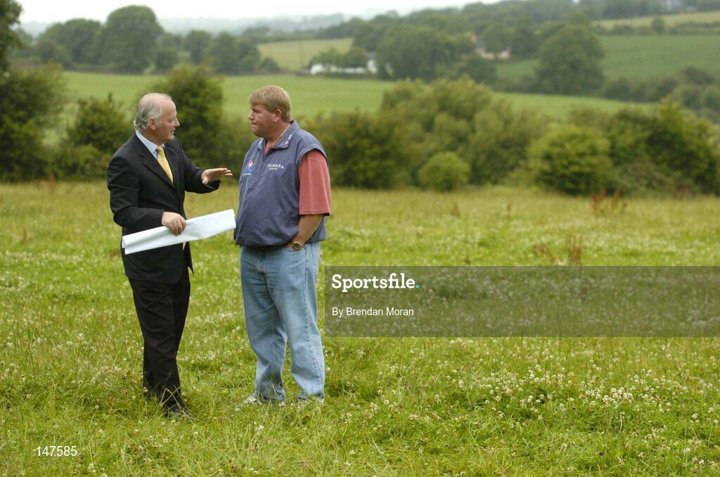 20 July 2004; John Daly, double Major winner and one of golf's most colourful players, was in Blarney, Co. Cork, to finalise plans for the new Blarney Golf Resort Championship course which he designed in conjunction with Mel Flanagan of Irish Golf Design. Pictured with John is course co-designer Mel Flanagan on the site of the proposed course. Picture credit; Brendan Moran / SPORTSFILE