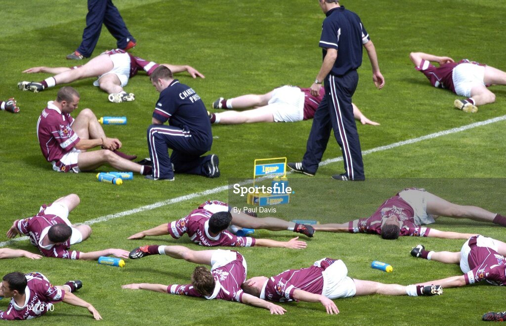 18 July 2004; The Westmeath players warm up before the game. Bank of Ireland Leinster Senior Football Championship Final, Laois v Westmeath, Croke Park, Dublin. Picture credit; Ray McManus / SPORTSFILE