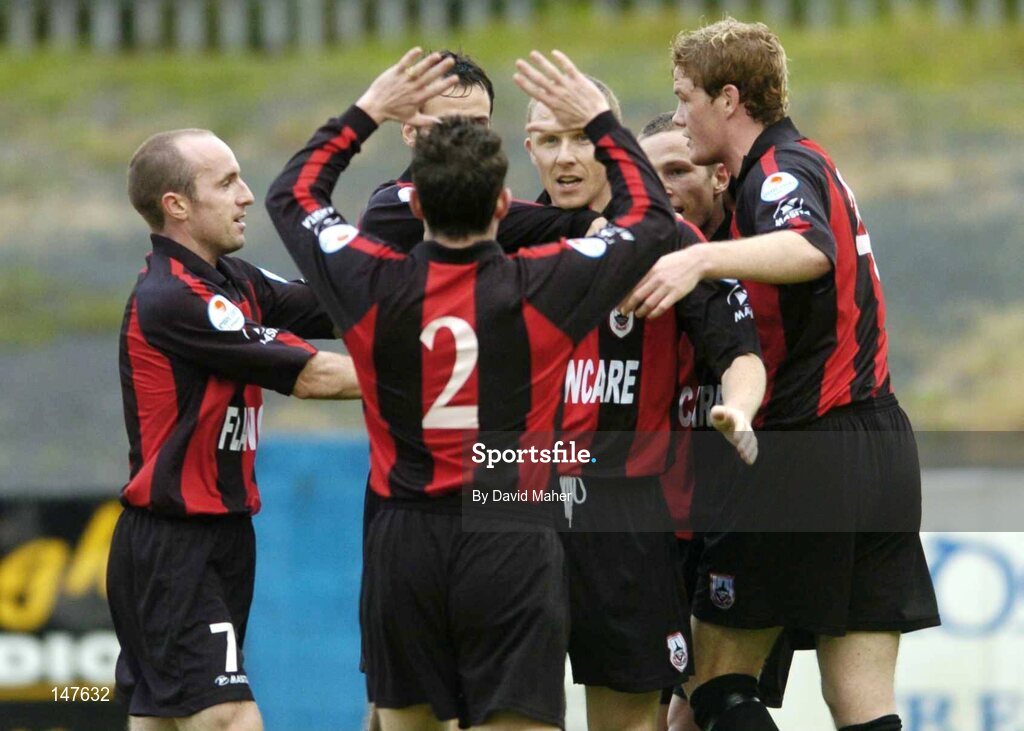 20 July 2004; Sean Francis, third from right, Longford Town, celebrates after scoring his sides first goal with team-mates, left to right, Alan Kirby, Alan Murphy, Sean Purnty and Stephen Paisley. eircom League Cup Semi-Final, Finn Harps v Longford Town, Finn Park, Ballybofey, Co. Donegal. Picture credit; David Maher / SPORTSFILE