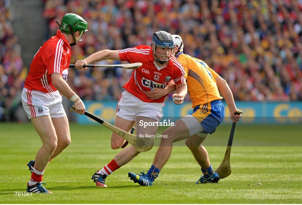 8 September 2013; Conor Lehane, Cork, with support from team-mate Daniel Kearney, in action against Patrick O'Connor, Clare. GAA Hurling All-Ireland Senior Championship Final, Cork v Clare, Croke Park, Dublin. Picture credit: Barry Cregg / SPORTSFILE