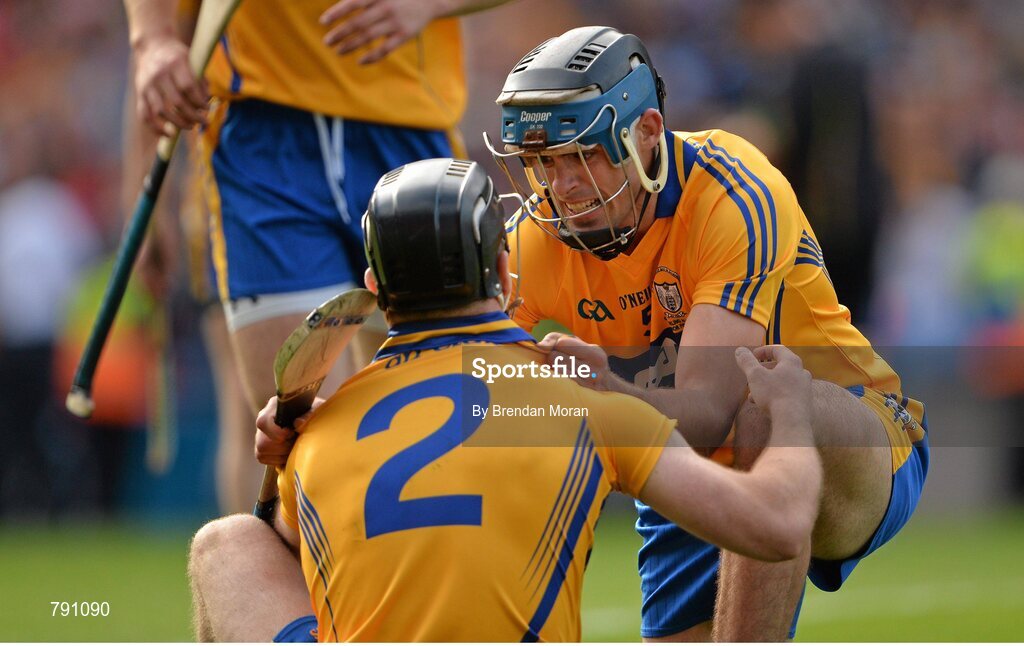 8 September 2013; Brendan Bugler, right, celebrates with team-mate Domhnall O'Donovan, who scored the equalising point to send the game to a replay. GAA Hurling All-Ireland Senior Championship Final, Cork v Clare, Croke Park, Dublin. Picture credit: Brendan Moran / SPORTSFILE