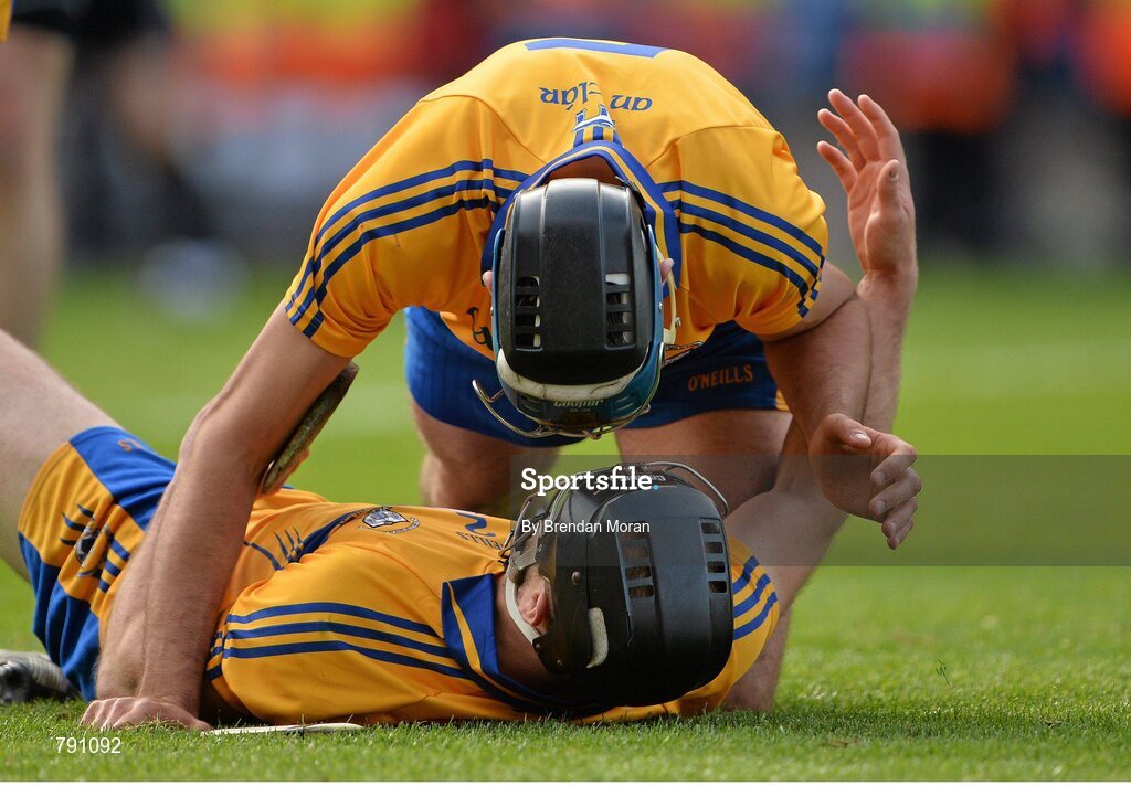 8 September 2013; Brendan Bugler, top, celebrates with team-mate Domhnall O'Donovan, who scored the equalising point to send the game to a replay. GAA Hurling All-Ireland Senior Championship Final, Cork v Clare, Croke Park, Dublin. Picture credit: Brendan Moran / SPORTSFILE