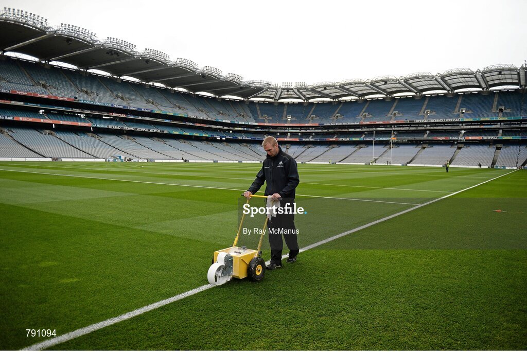 8 September 2013; Pitch manager at Croke Park Stuart Wilson lines the pitch ahead of the day's matches. GAA Hurling All-Ireland Senior Championship Final, Cork v Clare, Croke Park, Dublin. Picture credit: Ray McManus / SPORTSFILE
