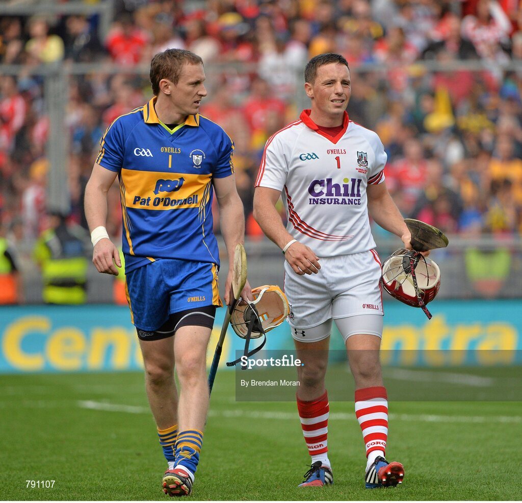 8 September 2013; Goalkeepers Patrick Kelly, left, Clare, and Anthony Nash, Cork, walk off the pitch after the game. GAA Hurling All-Ireland Senior Championship Final, Cork v Clare, Croke Park, Dublin. Picture credit: Brendan Moran / SPORTSFILE