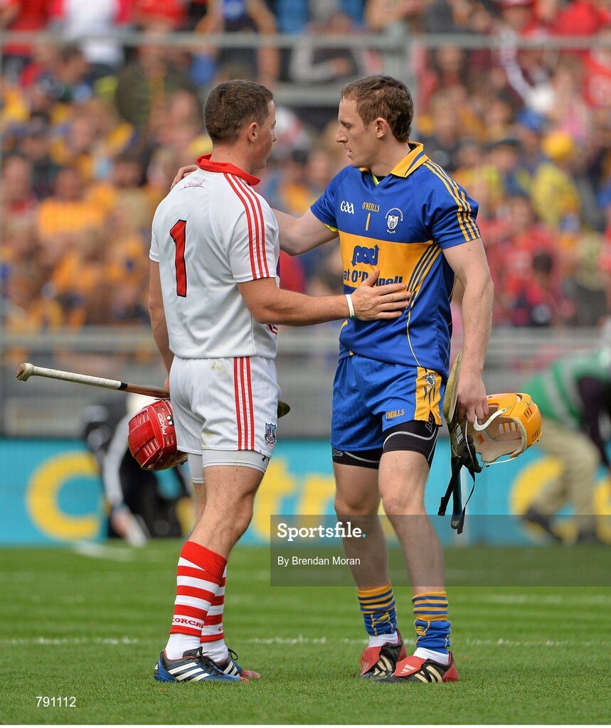 8 September 2013; Goalkeepers Patrick Kelly, left, Clare, and Anthony Nash, Cork, greet each other after the game. GAA Hurling All-Ireland Senior Championship Final, Cork v Clare, Croke Park, Dublin. Picture credit: Brendan Moran / SPORTSFILE
