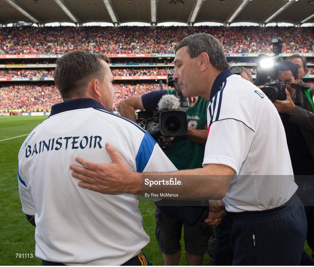 8 September 2013; Clare manager, Davy Fitzgerald, and Cork manager, Jimmy Barry Murphy, exchange greetings after the game. GAA Hurling All-Ireland Senior Championship Final, Cork v Clare, Croke Park, Dublin. Picture credit: Ray McManus / SPORTSFILE