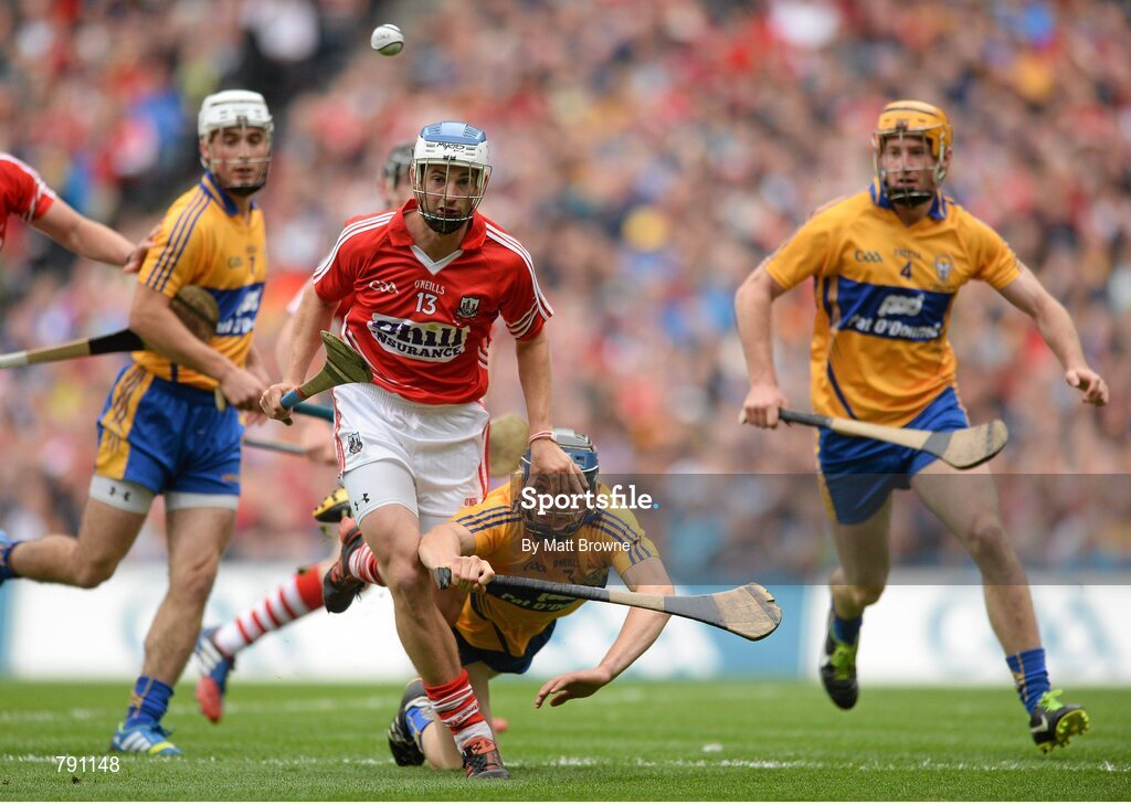 8 September 2013; Luke O'Farrell, Cork, in action against David McInerney, Clare. GAA Hurling All-Ireland Senior Championship Final, Cork v Clare, Croke Park, Dublin. Picture credit: Matt Browne / SPORTSFILE