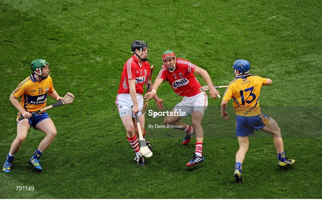 8 September 2013; Shane O'Neill, left, and Stephen McDonnell, Cork, in action against Cathal McInerney, left, and Pádraic Collins, Clare. GAA Hurling All-Ireland Senior Championship Final, Cork v Clare, Croke Park, Dublin. Picture credit: Dáire Brennan / SPORTSFILE