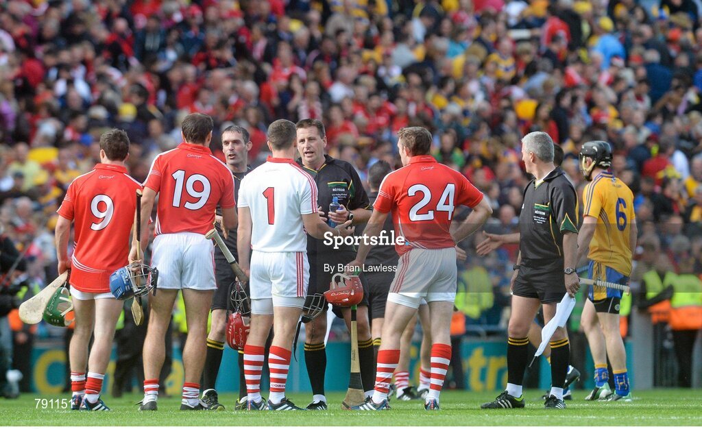 8 September 2013; Referee Brian Gavin speaks to Cork players after the match. GAA Hurling All-Ireland Senior Championship Final, Cork v Clare, Croke Park, Dublin. Picture credit: Brian Lawless / SPORTSFILE